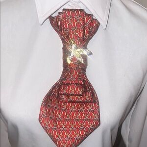 Red Patterned necktie necklace with hummingbird brooch